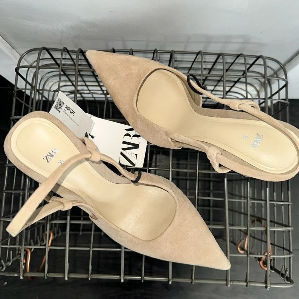 Zara Nude Suede Pointed Slingback Block Heels - Picture 2 of 4